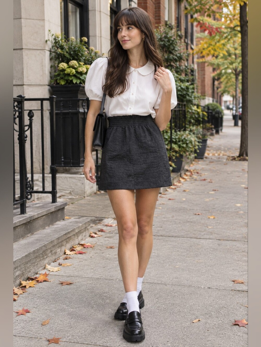 COS Black Ruched Crinkle Mini Skirt Size 4 EU 34 Smocked Office Twee Preppy